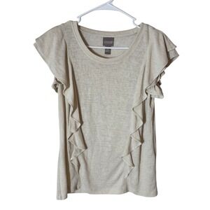 Chicos Oatmeal Beige Ruffle Front Flutter Sleeve Knit Top Size 0 Small